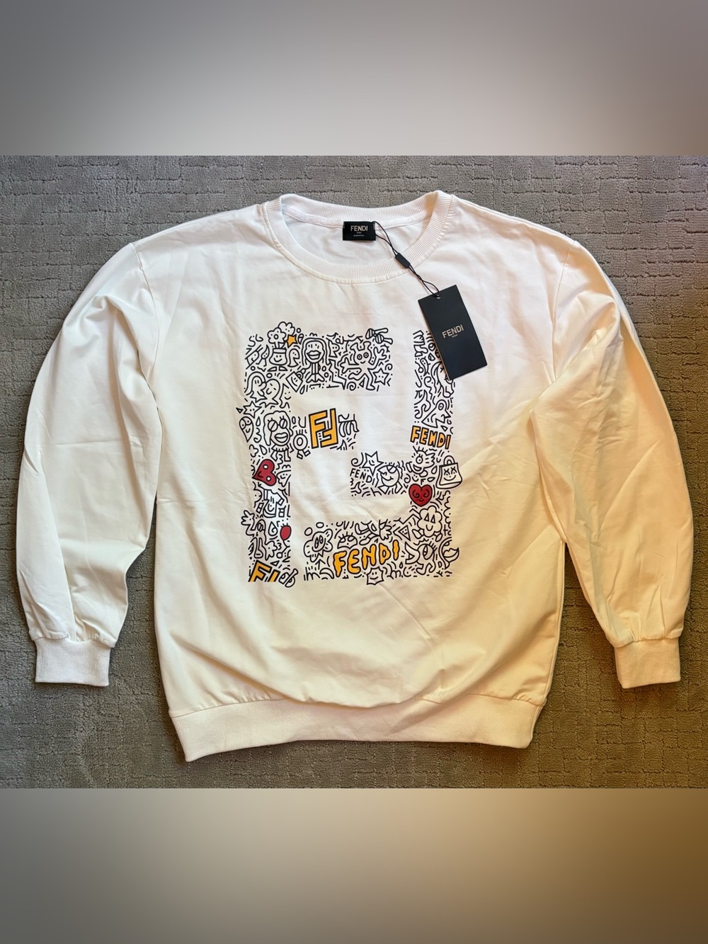Fendi x Mr Doodle White Crew Cotton Sweatshirt Doodle Art Iconic FF Logo